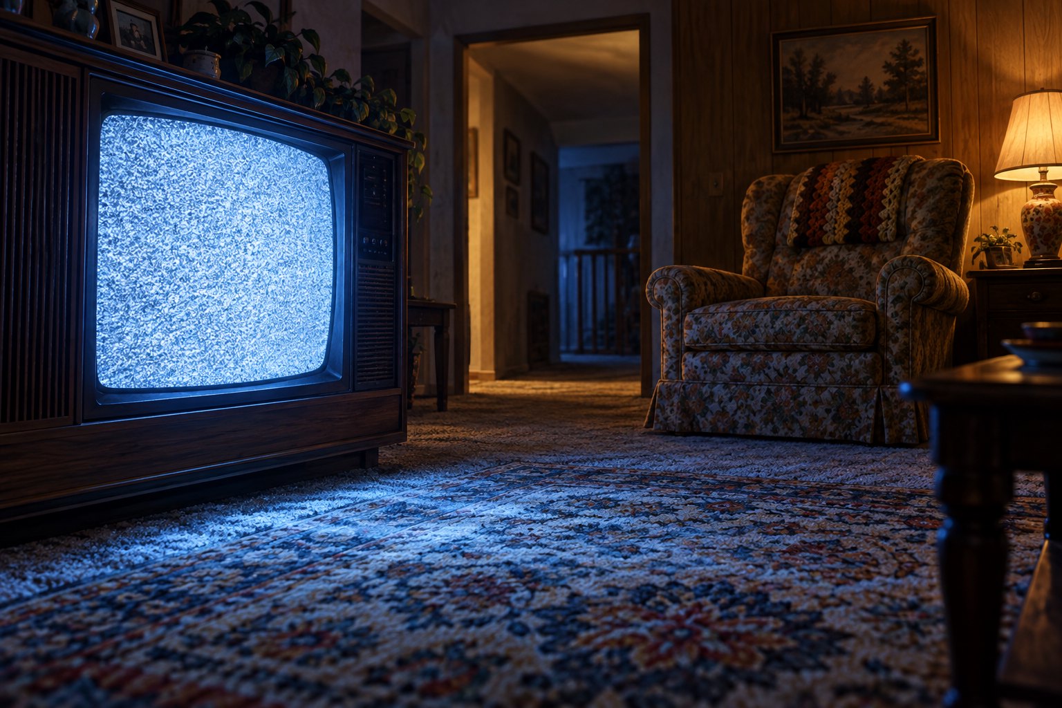 Conceptual illustration of a static-filled vintage television casting blue light across an empty suburban living room.