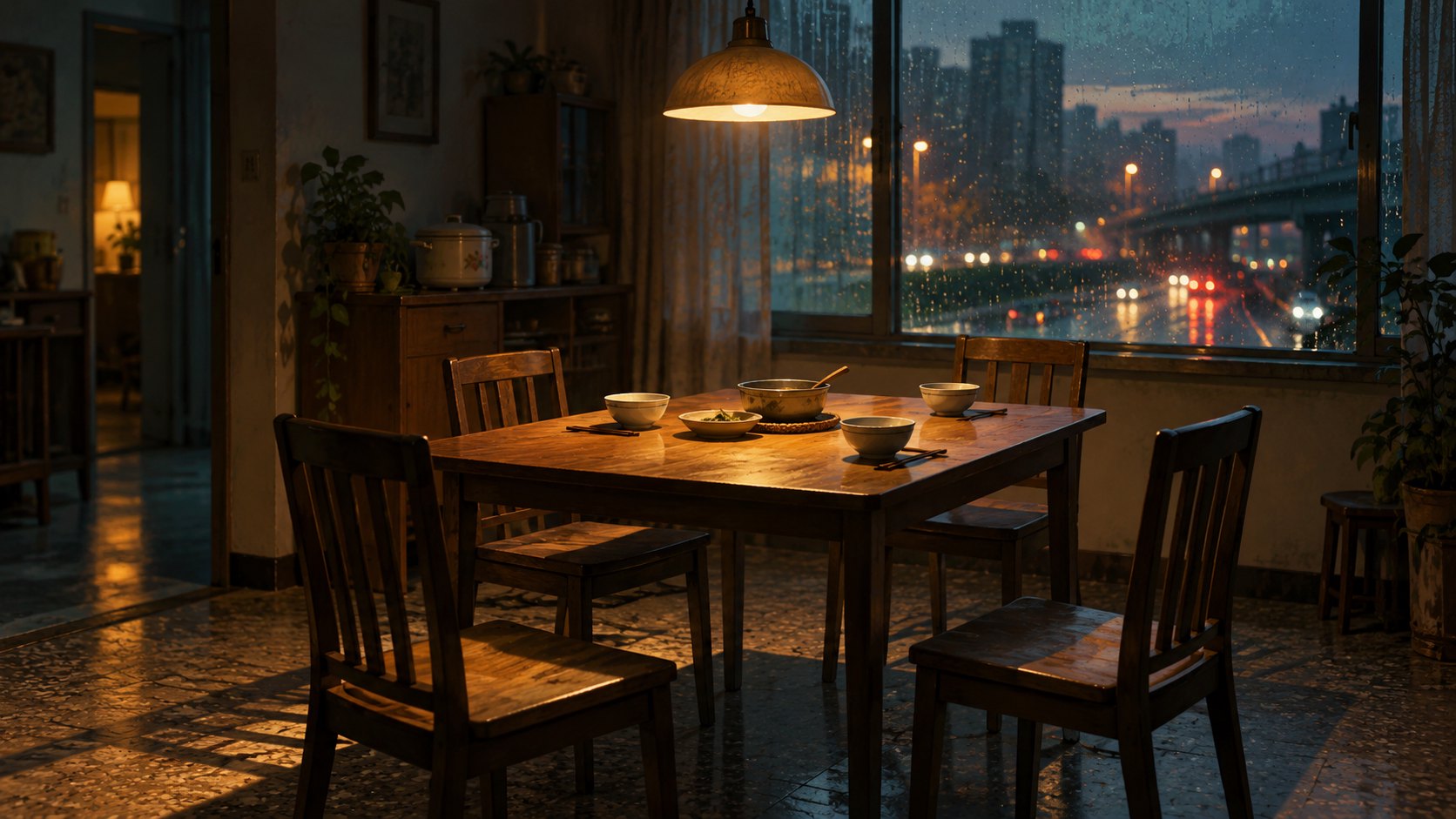 暖燈下的四人餐桌與窗外雨夜車燈,呈現家庭親近與距離的原創概念插畫,非電影劇照