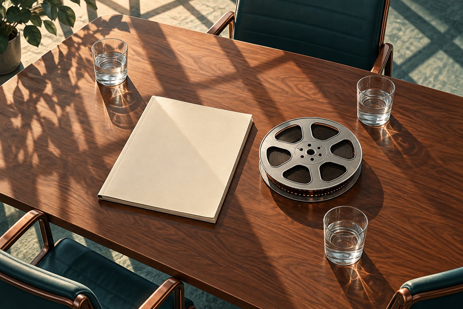 Conceptual illustration of a blank script folder, a film reel and three water glasses on a sunlit meeting table.