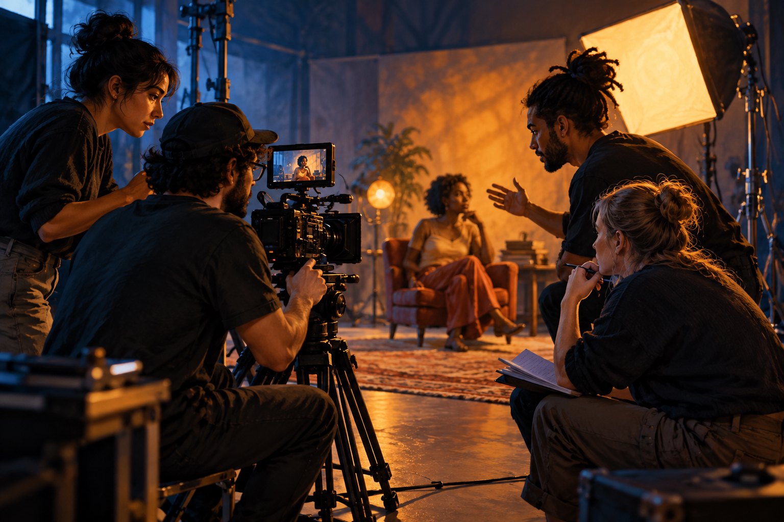 Conceptual illustration of student filmmakers collaborating around a cinema camera in a warmly lit studio.