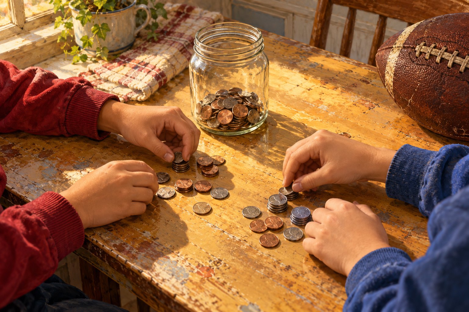 Editorial illustration of two children counting coins beside a savings jar and a football on a sunlit kitchen table.