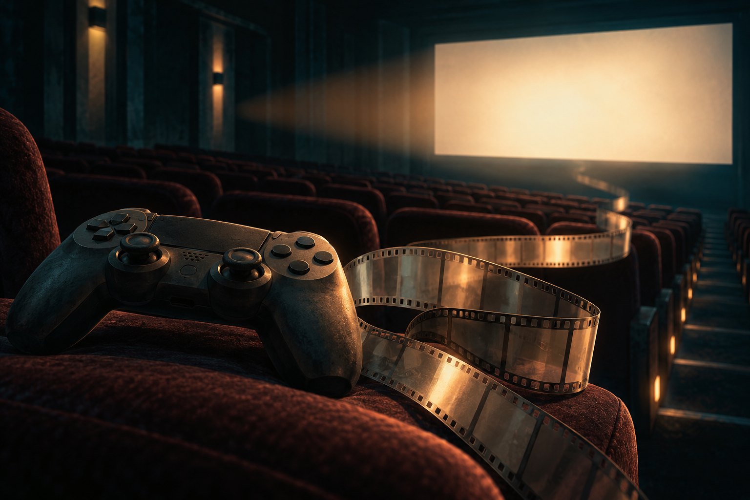 Conceptual illustration of a game controller and curling film strip facing a glowing screen in an empty movie theater.