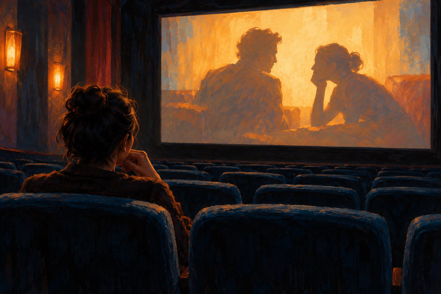 Conceptual illustration of a lone moviegoer watching two figures appear to converse on an amber-lit cinema screen.