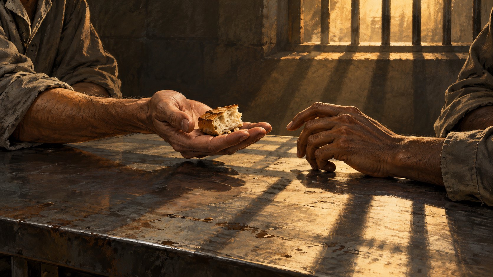 鐵窗陰影下,一隻手遞出麵包,另一隻手遲疑著靠近,象徵信任與人情的拉扯;原創情境插畫,非電影劇照