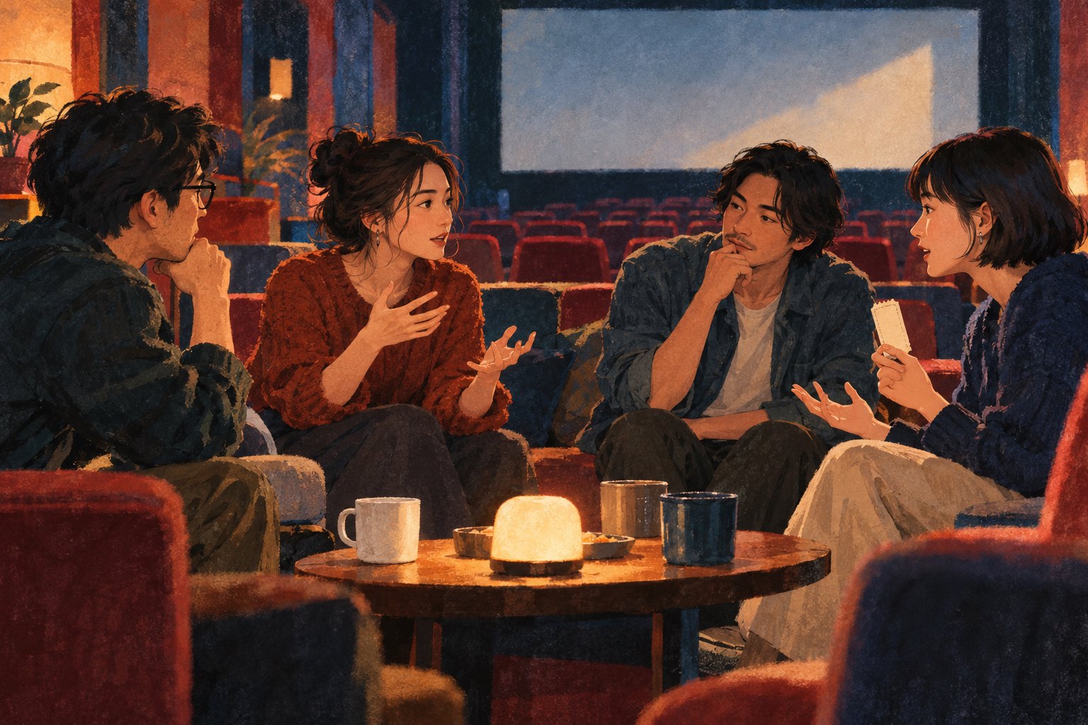 四位观众围坐交流观影感受的概念插画,非活动现场记录