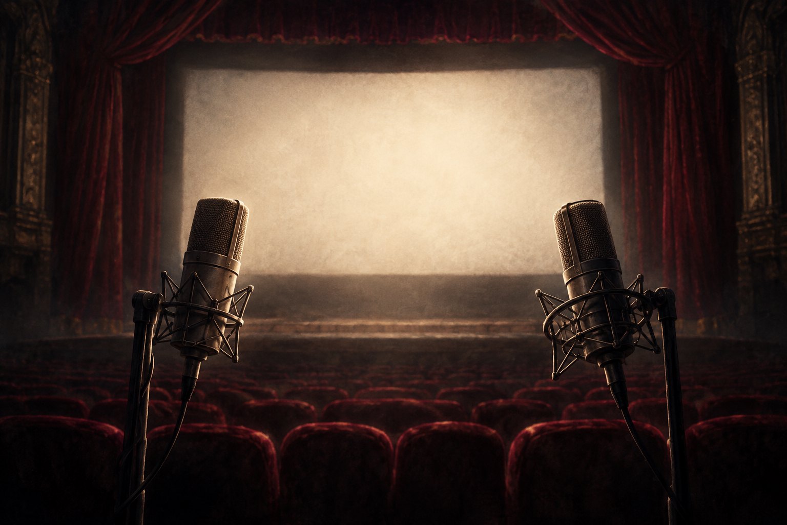 Conceptual illustration of two studio microphones facing a blank movie screen framed by burgundy curtains.