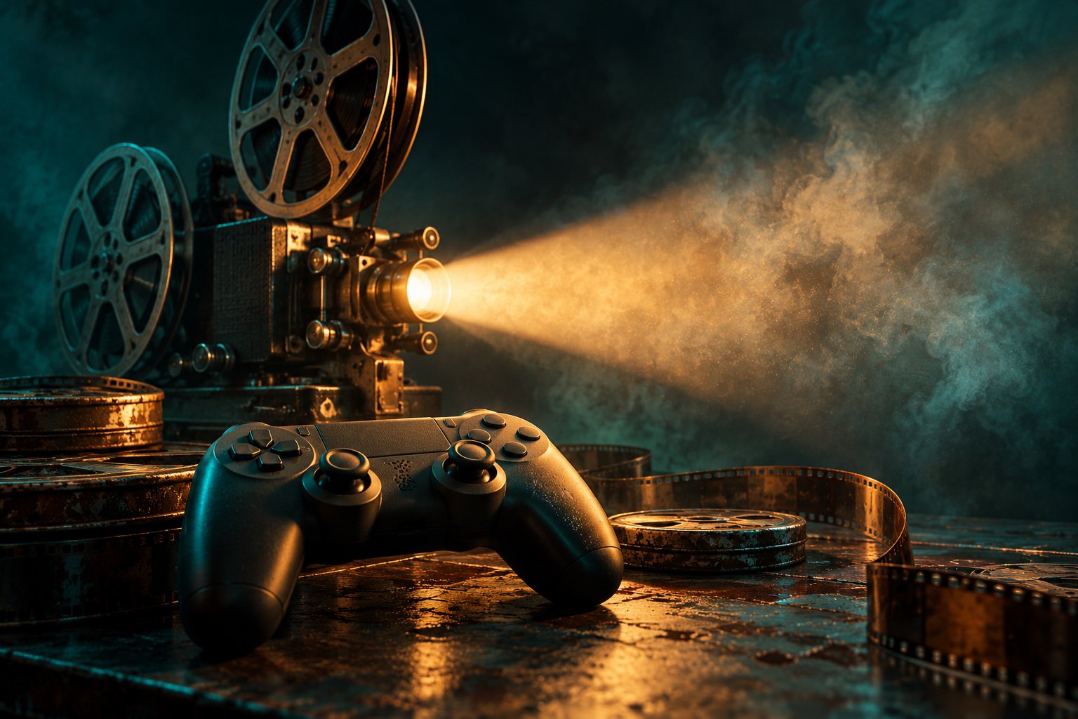 Conceptual illustration of a game controller surrounded by film reels beside a projector casting an amber beam through darkness.