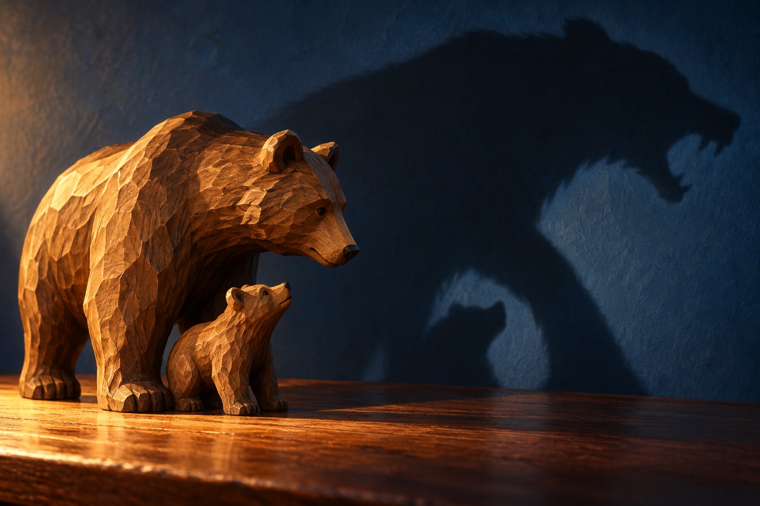 Conceptual illustration of two wooden bears casting looming shadows, inspired by the title rather than a scene from Mama Bear.