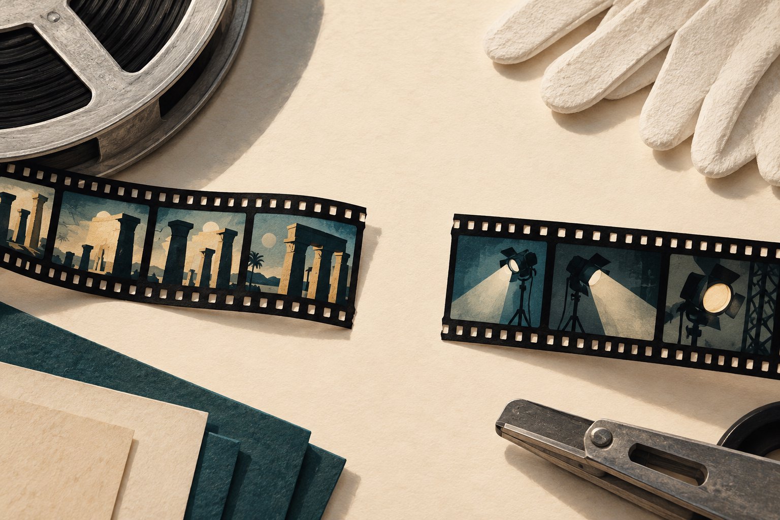 Conceptual illustration of two disconnected film strips showing Egyptian columns and studio lights on an editing table.