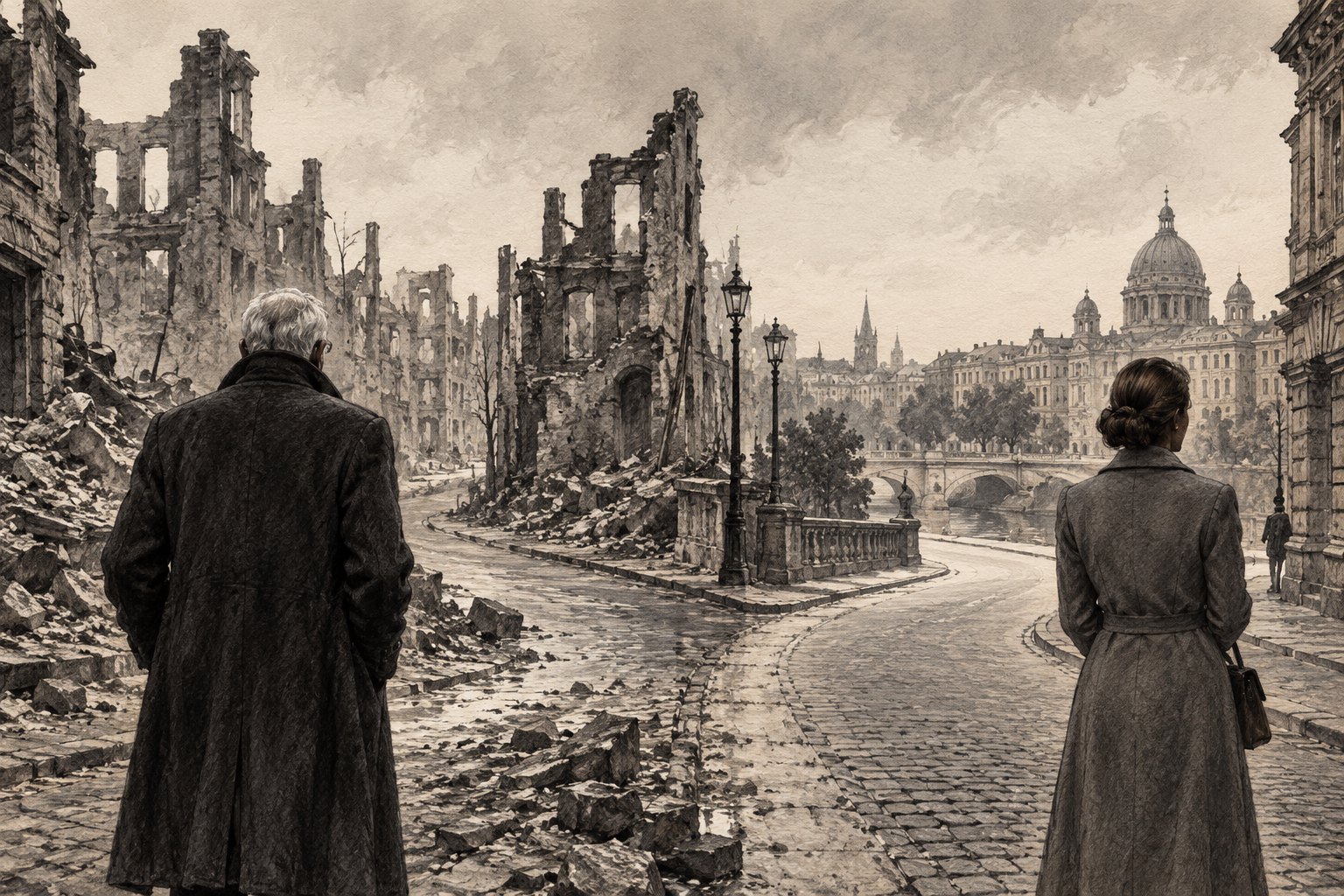 Charcoal-style illustration of an elderly man and an adult woman facing a damaged European street, symbolizing an uneasy homecoming.
