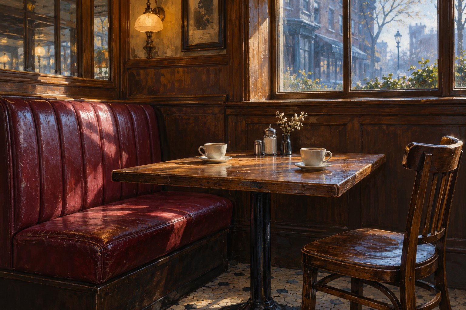 Conceptual illustration of two coffee cups on a worn wooden table beside an empty restaurant booth.