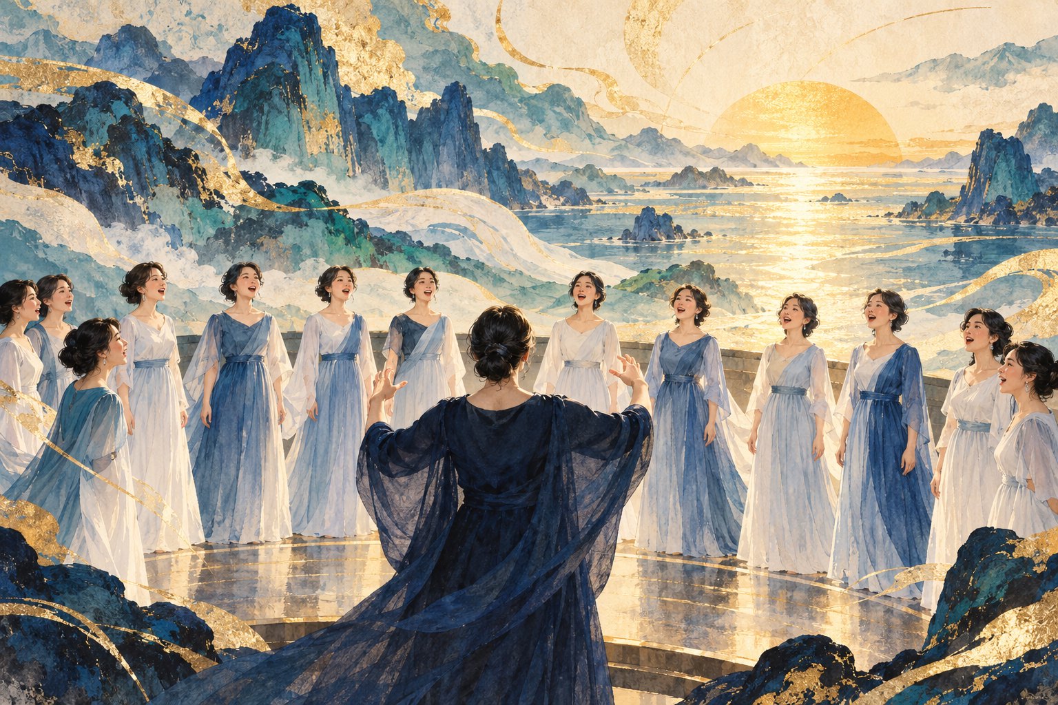 山海与晨光意象中,女声合唱者跟随指挥共同歌唱的主题插画,非现场实拍