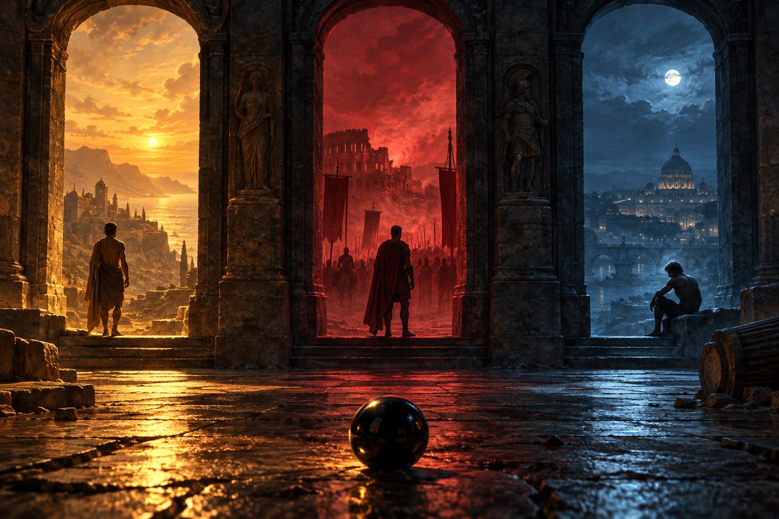 Conceptual illustration of three solitary figures in illuminated stone doorways with a black sphere in the foreground.