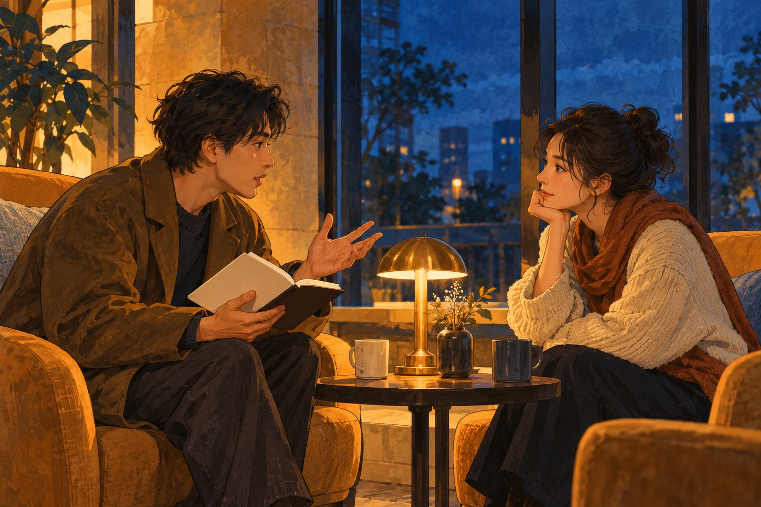 两名观众在暖灯下拿着笔记本交流观影感受的主题插画，非电影节现场