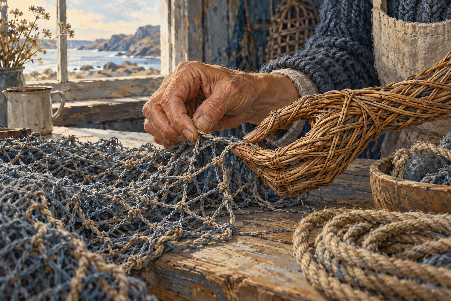 Concept illustration of a human hand and a woven wicker hand repairing a fishing net together beside a coastal window.