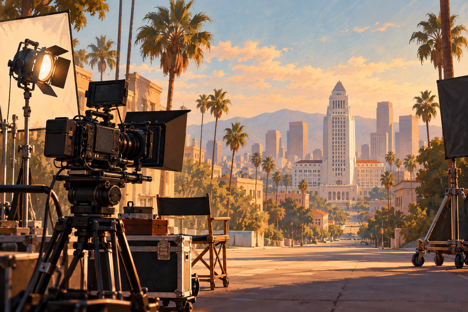 Editorial illustration of a movie camera and lighting equipment on a Los Angeles street with City Hall in the distance.