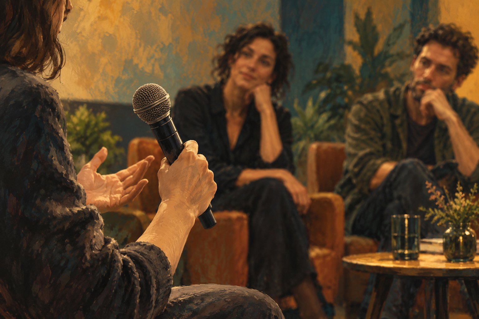 Conceptual illustration of an audience member holding a microphone as two filmmakers listen during an imagined discussion.