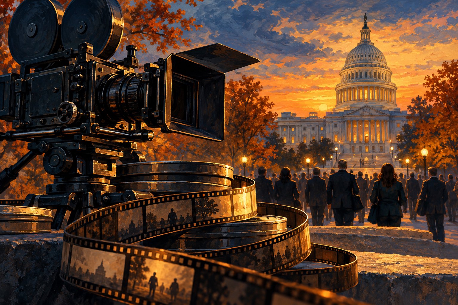 Illustration of a cinema camera and curling film strip with a domed legislative building in the distance at dusk.