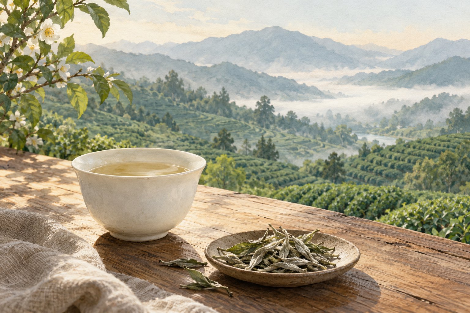 白瓷茶杯与干茶置于木桌,远处是薄雾中的绿色茶园,白茶主题原创插画,非影片剧照