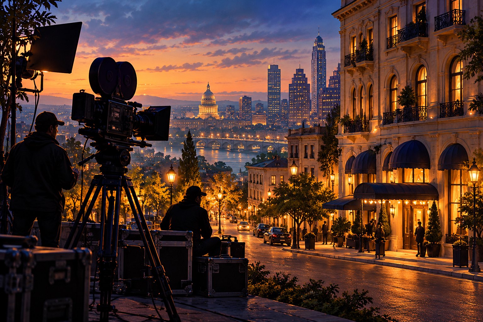 Illustration of a movie camera and crew overlooking a fictional city street beside a warmly lit hotel at dusk.