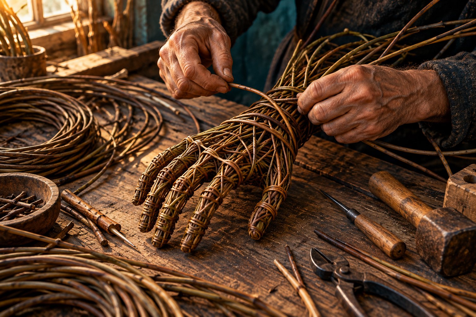 Conceptual illustration of an artisan weaving a human-shaped willow hand on a sunlit workshop bench.