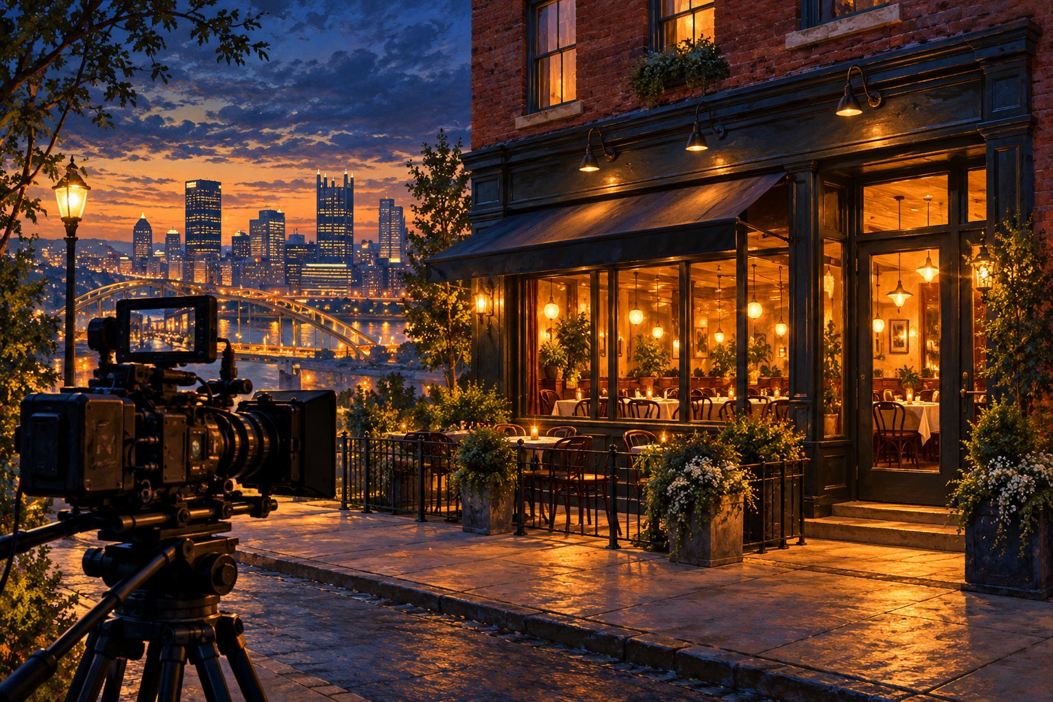 Conceptual illustration of a cinema camera outside an imagined historic Pittsburgh restaurant at dusk.