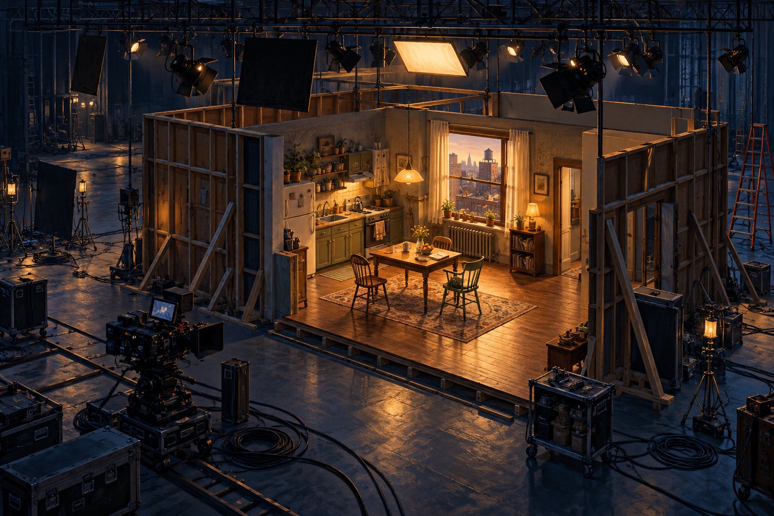 Editorial illustration of a warmly lit apartment set surrounded by cameras, cables, and exposed walls inside a soundstage.