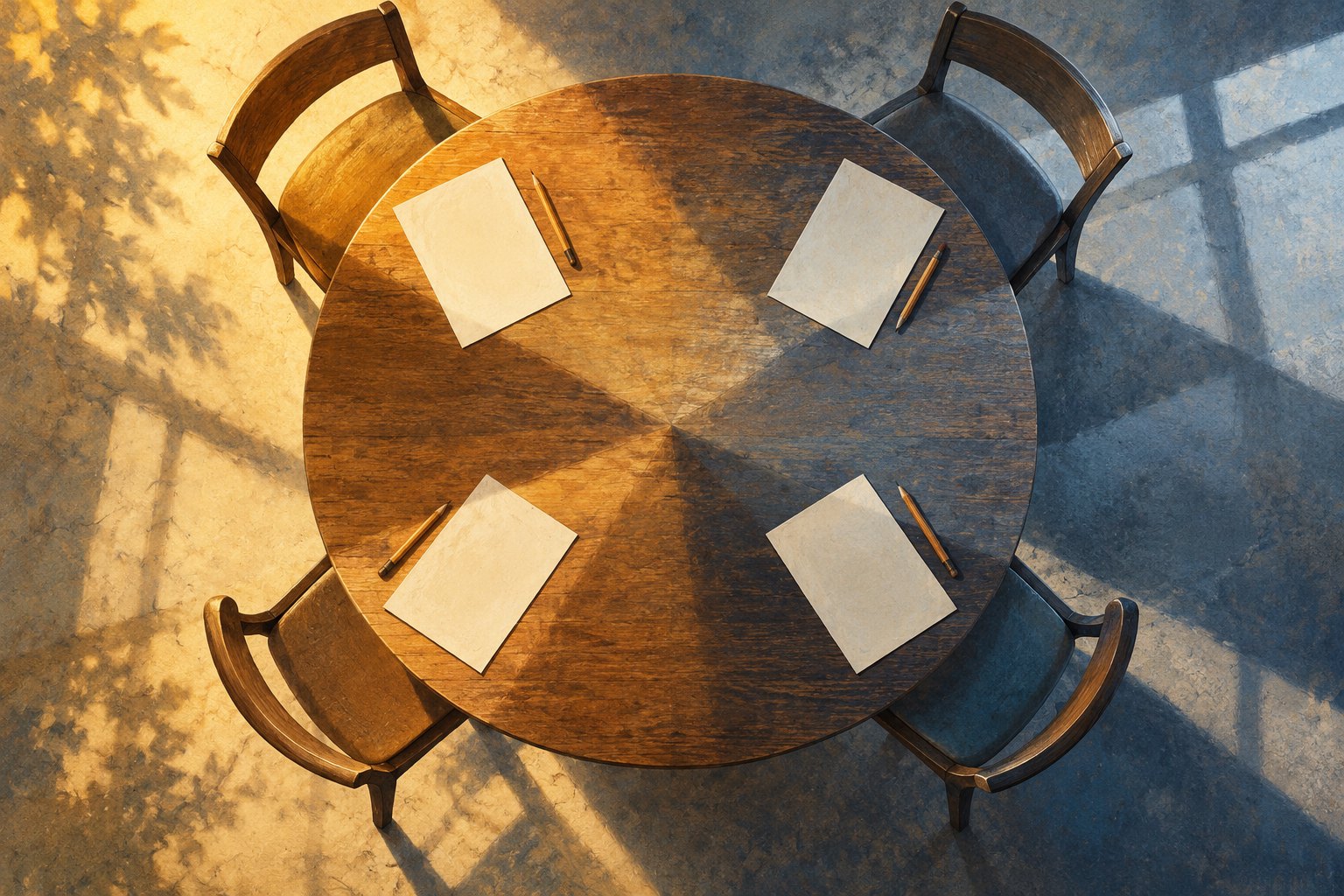 An overhead illustration of four empty chairs around a wooden table with blank sheets of paper and pencils.