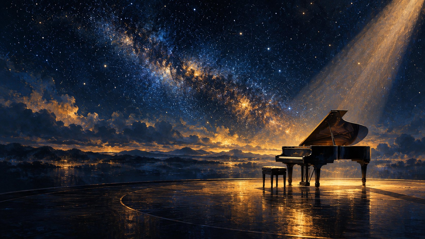 星空與暖色光束下的三角鋼琴,為呼應片名的概念插畫,非電影劇照