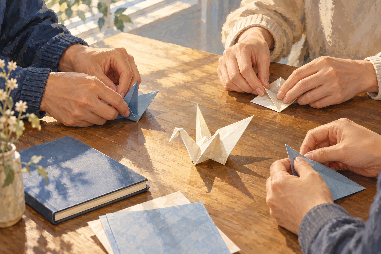 几双手在木桌旁共同折叠纸鹤，表达关怀与互助的主题插画