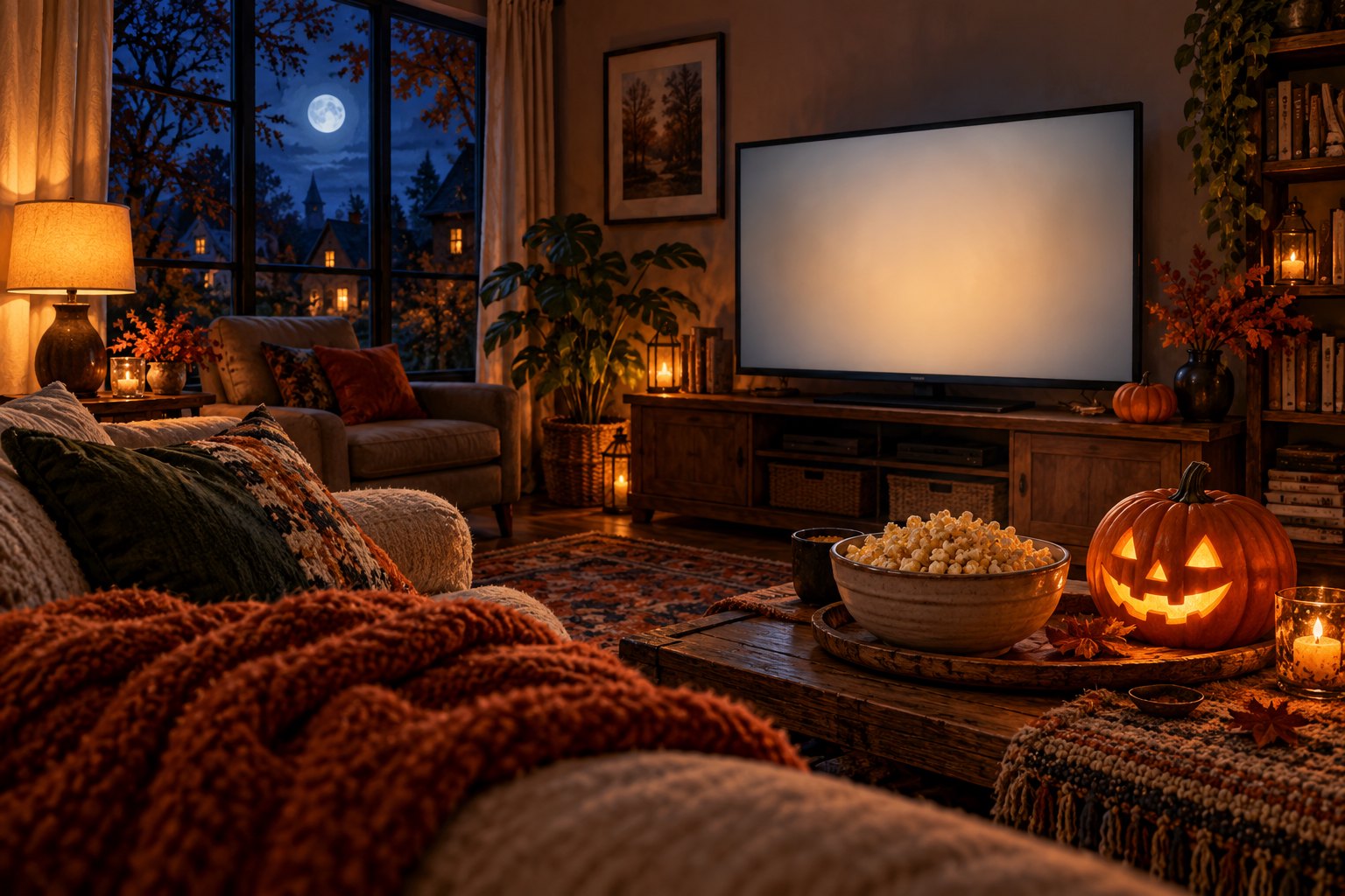 A cozy Halloween movie-night living room with a glowing television, carved pumpkin, popcorn, and warm lamplight.