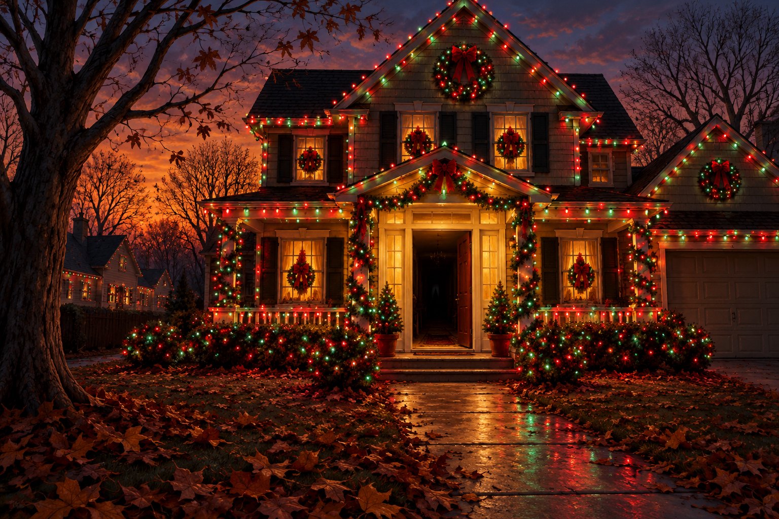 Conceptual illustration of a suburban house glowing with Christmas lights beneath bare autumn trees at dusk.