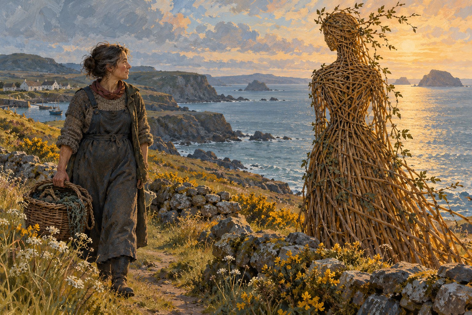 Concept illustration of a fisherwoman facing a gentle figure woven from reeds on a coastal path.