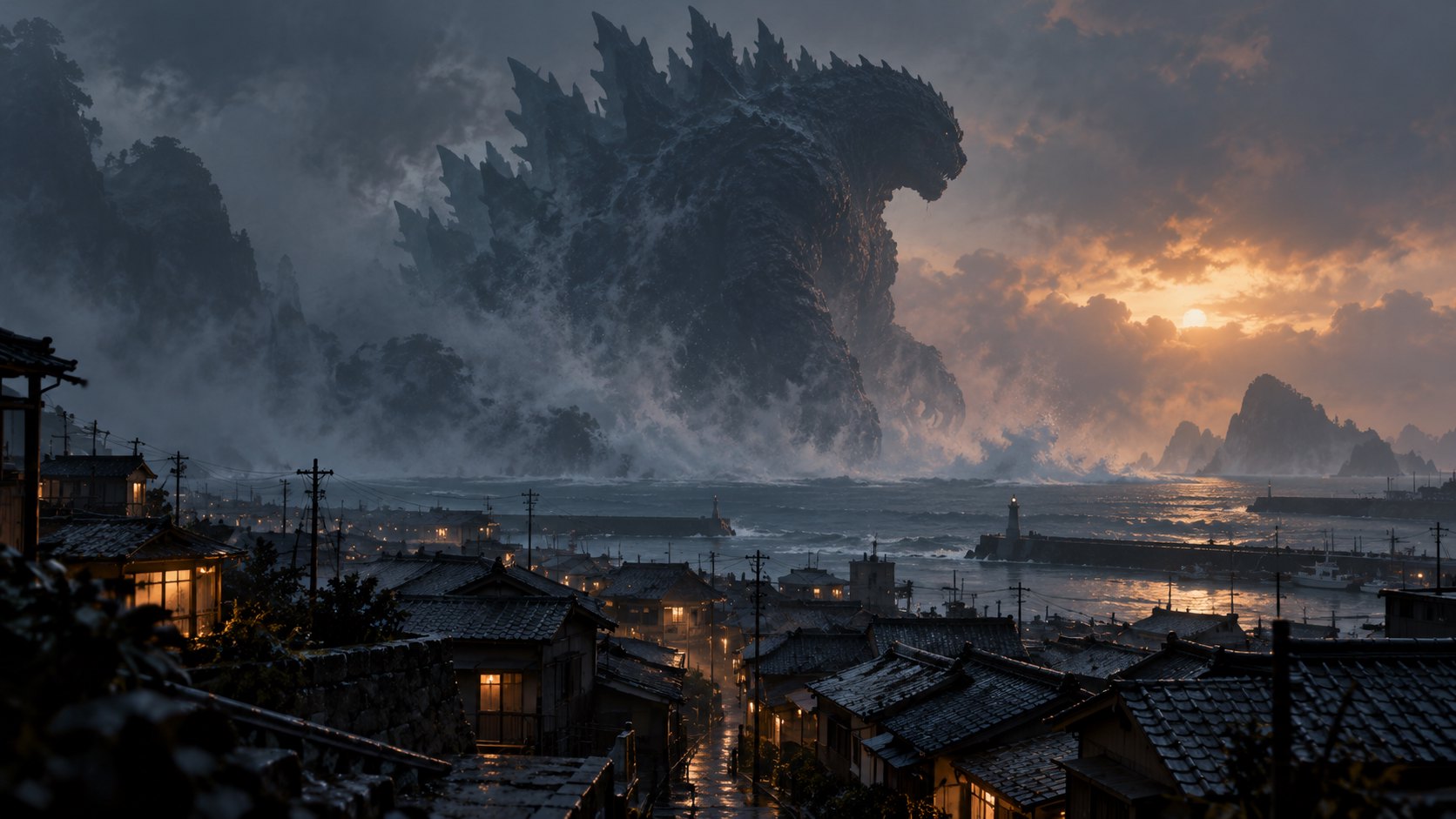 海霧中的巨獸俯視沿岸屋舍,以懸殊比例呈現壓迫感的原創概念插畫,非電影劇照