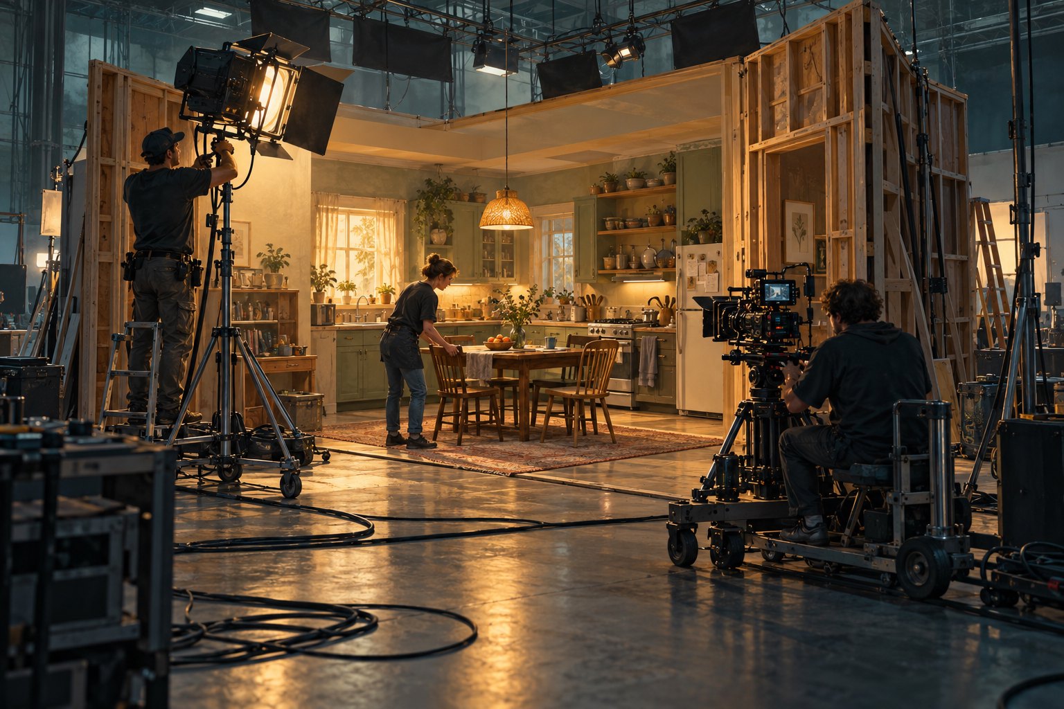 Illustration of three film crew members preparing a kitchen set inside a soundstage, surrounded by lighting equipment and unfinished scenery.