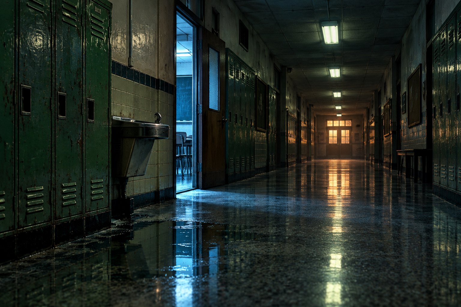 Illustration of an empty school hallway with green lockers, an open classroom door, and cold light reflected in a puddle.