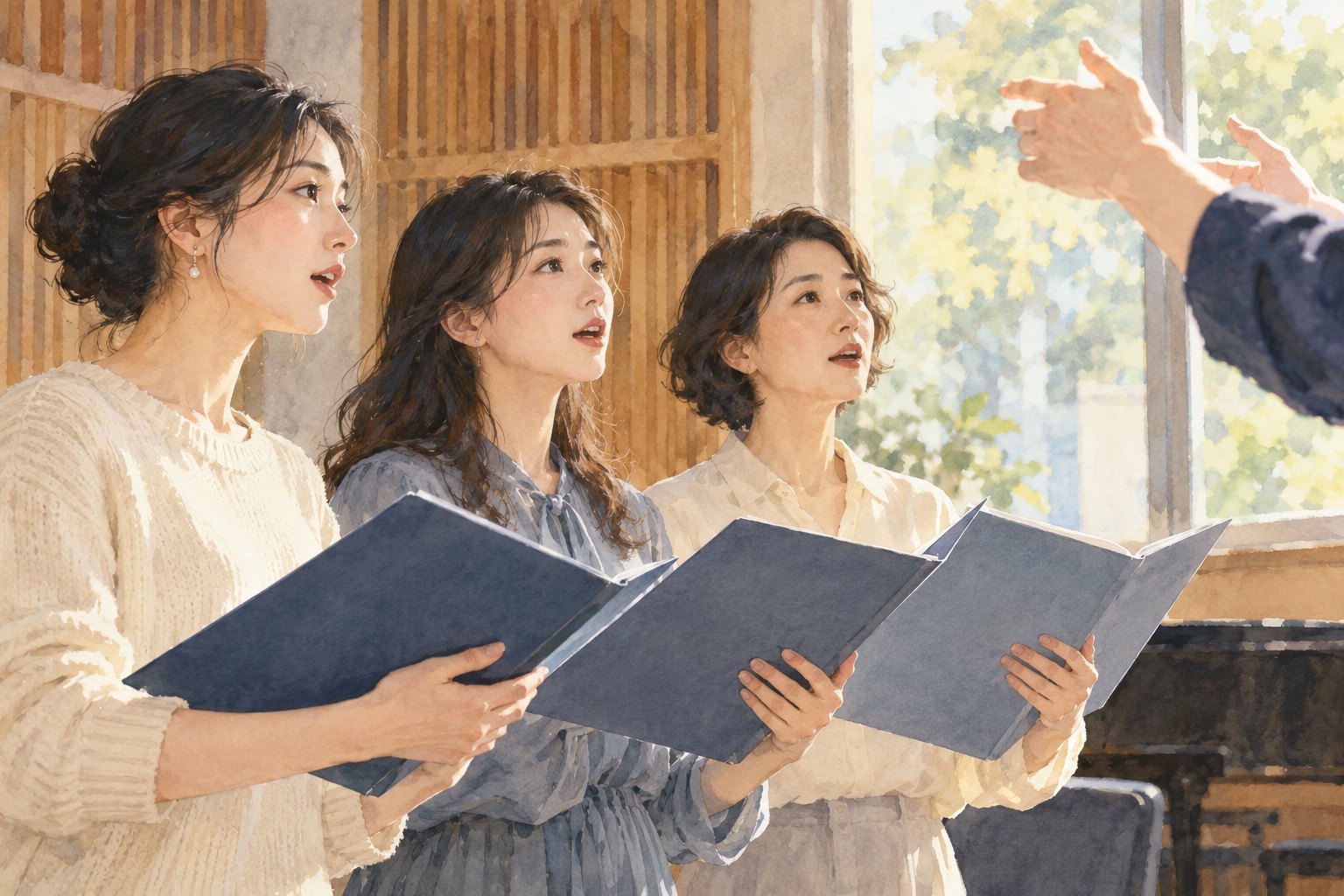 三位女性手持合唱夹，在排练室注视指挥手势的主题插画，非现场实拍