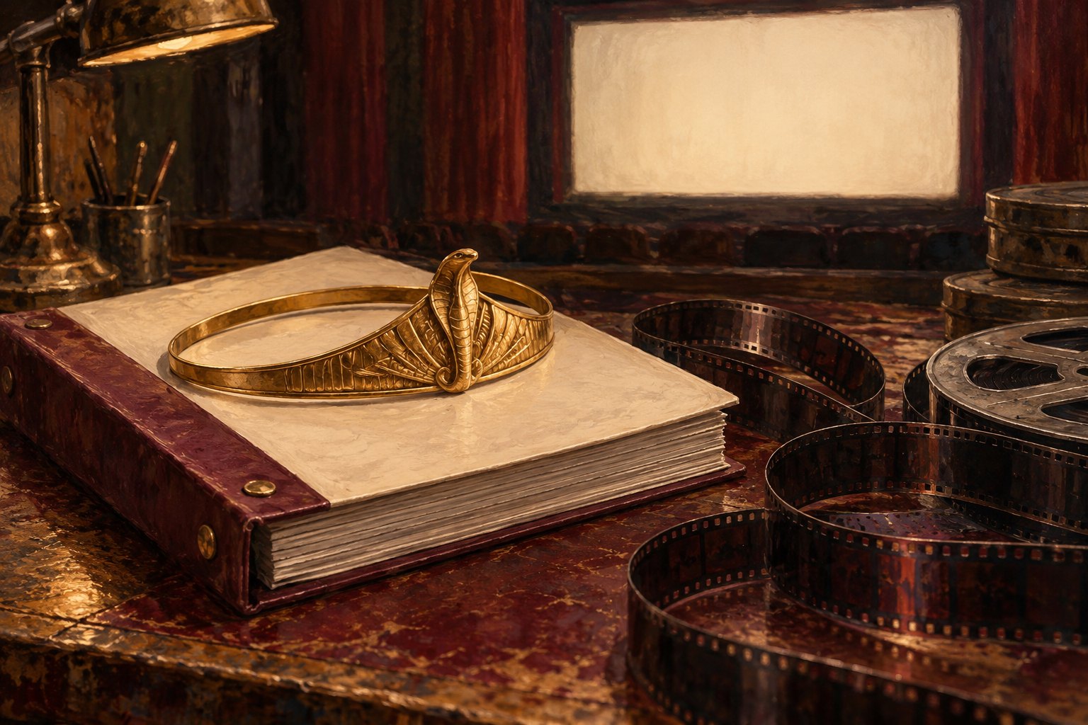 Illustration of a gold cobra diadem on a blank manuscript binder beside loose film strips and an empty projection screen.