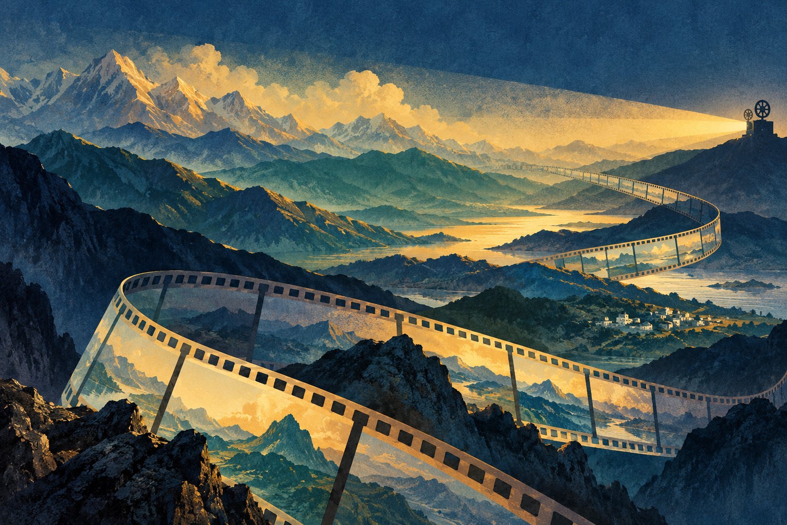 层叠高原山峦与舒展胶片交织在放映光束中，呈现地方电影走向银幕的概念意象