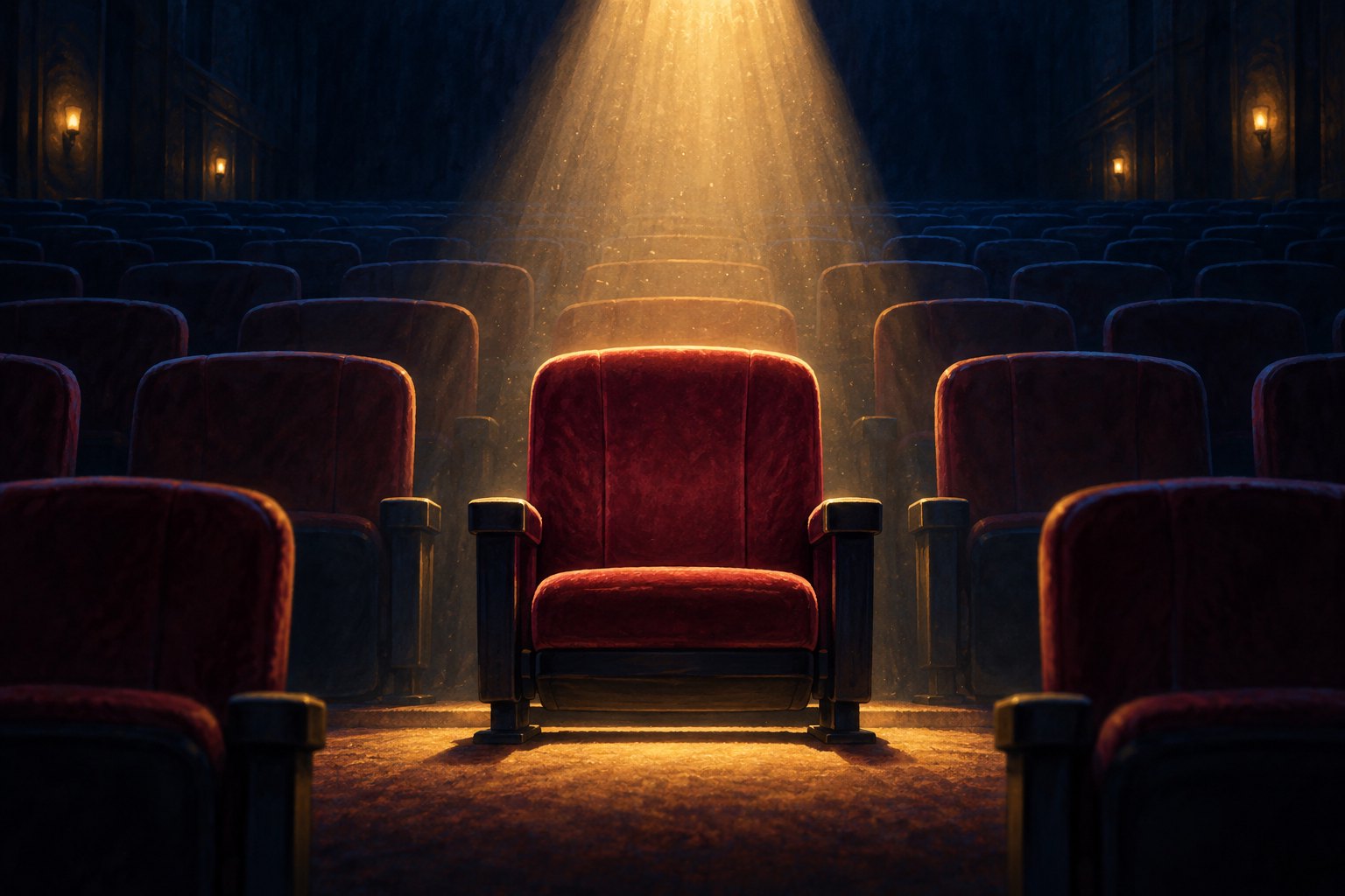 Conceptual illustration of an empty burgundy cinema seat illuminated by a golden spotlight in a dark auditorium.