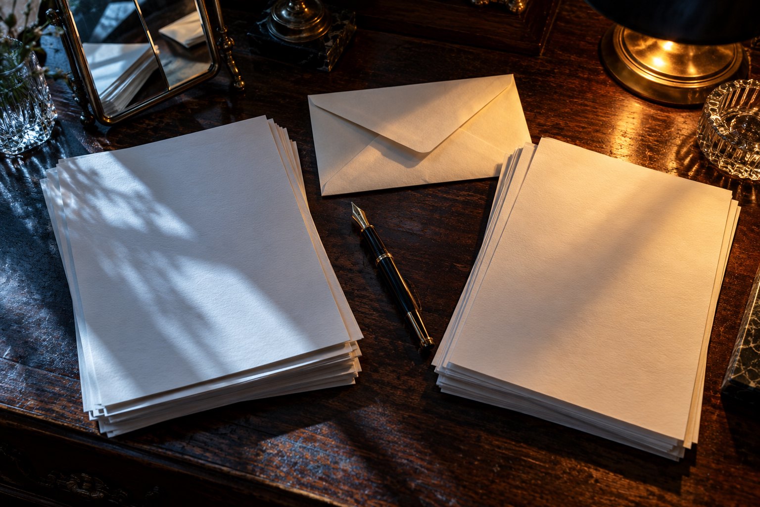 Two stacks of blank paper and a sealed envelope sit beside a fountain pen and mirror under contrasting light.