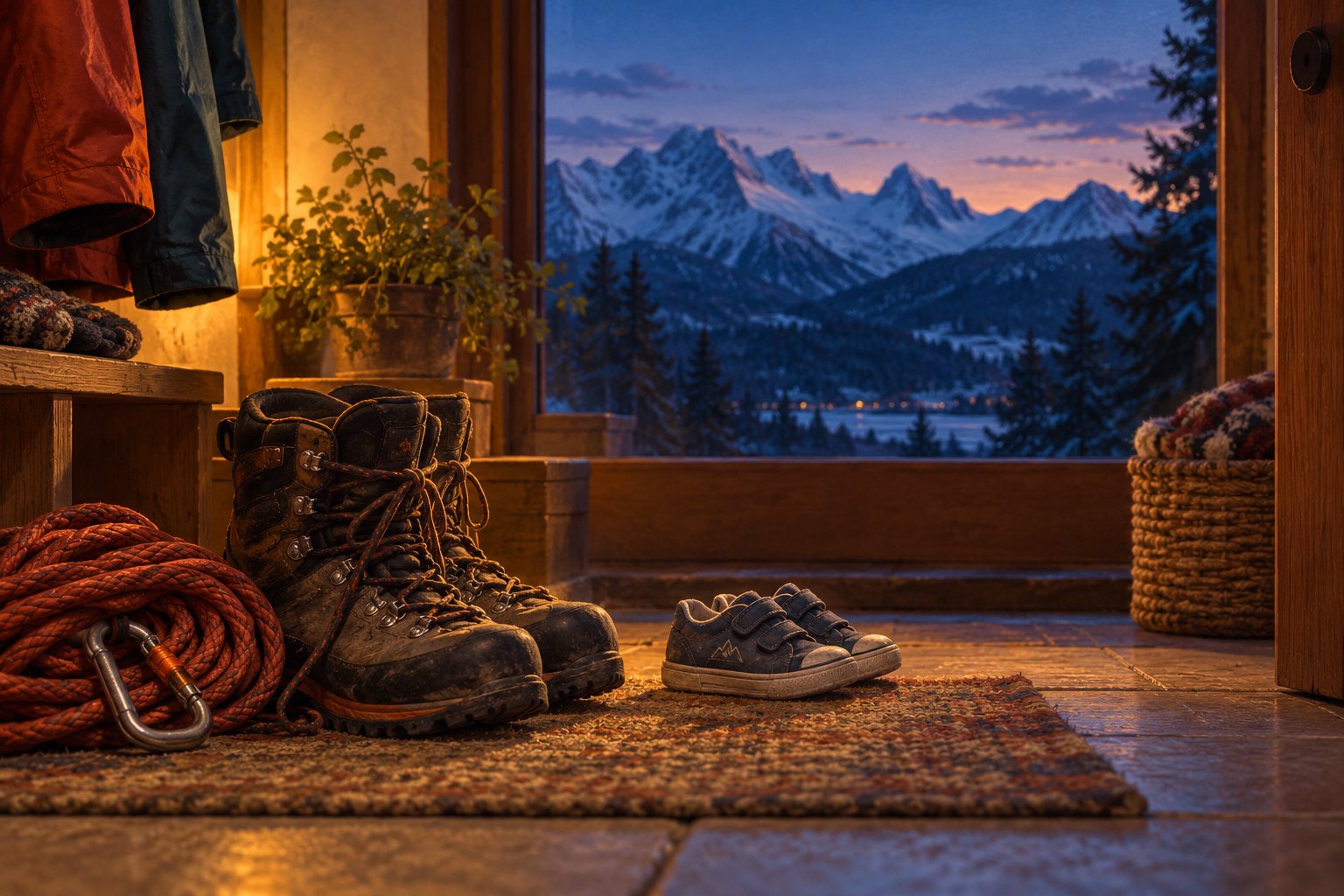 Editorial illustration of climbing boots, a coiled rope, and a child's shoes beside a window overlooking snowy mountains at dusk.
