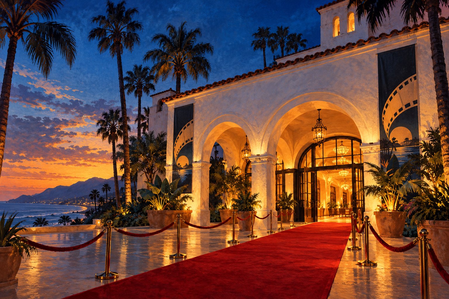 Conceptual illustration of a coastal California movie theater with palm trees and a red carpet at dusk.
