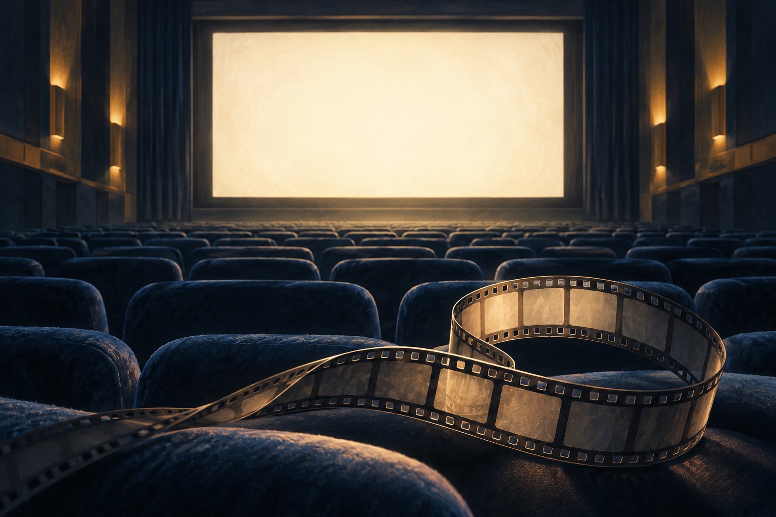 An illustrated empty cinema with a glowing blank screen and a loose filmstrip curling across dark blue seats.