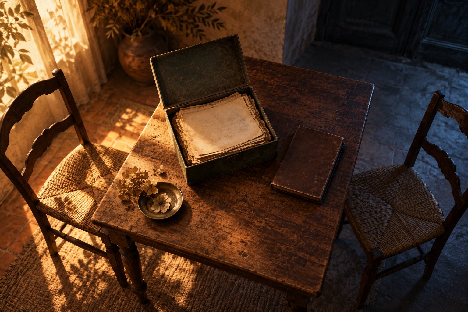 Conceptual illustration of an open box of papers and a closed notebook on a wooden table between two empty chairs.