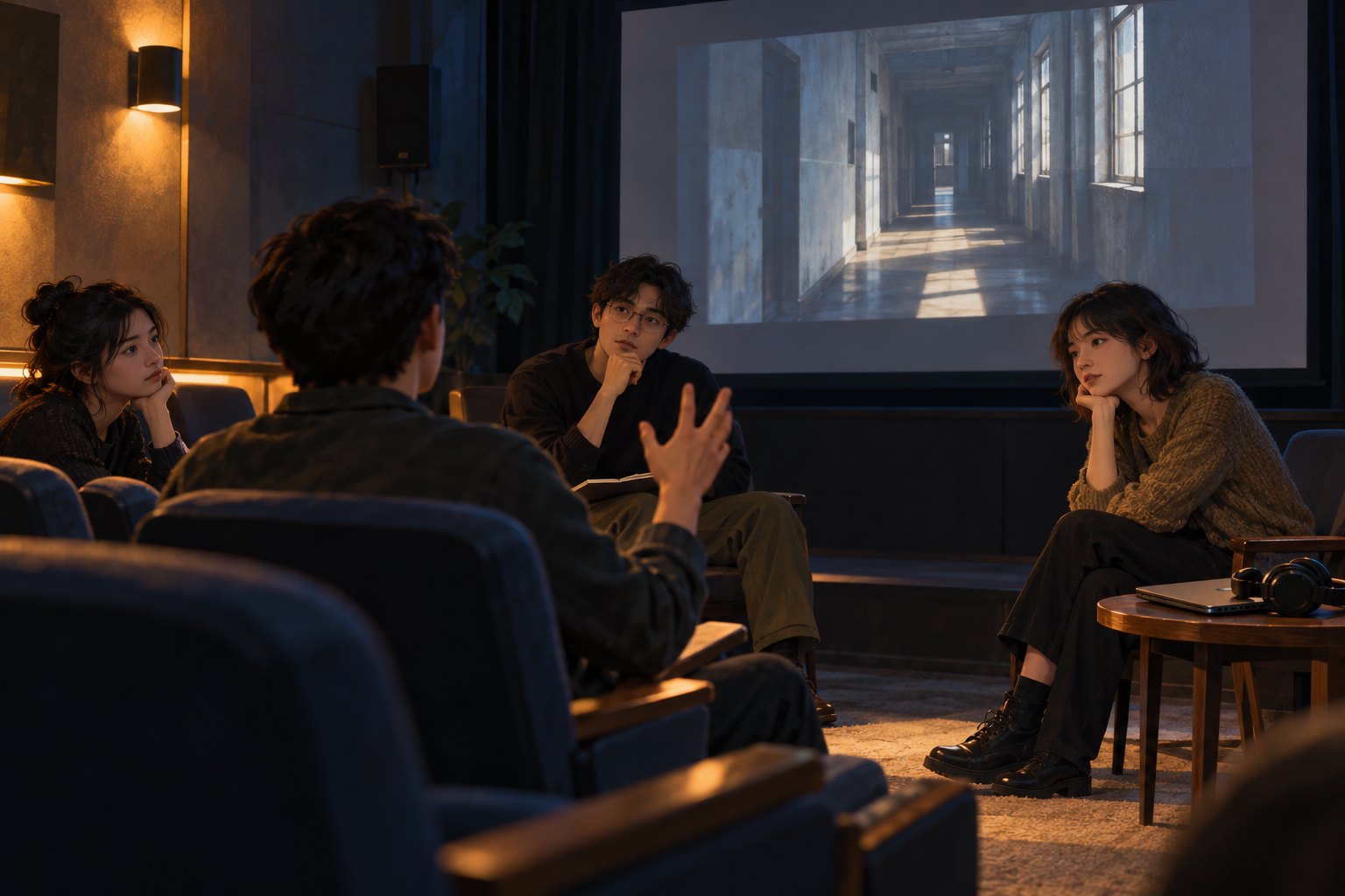 年轻创作者与观众在小型放映室围坐交流、银幕呈现走廊画面的主题插画
