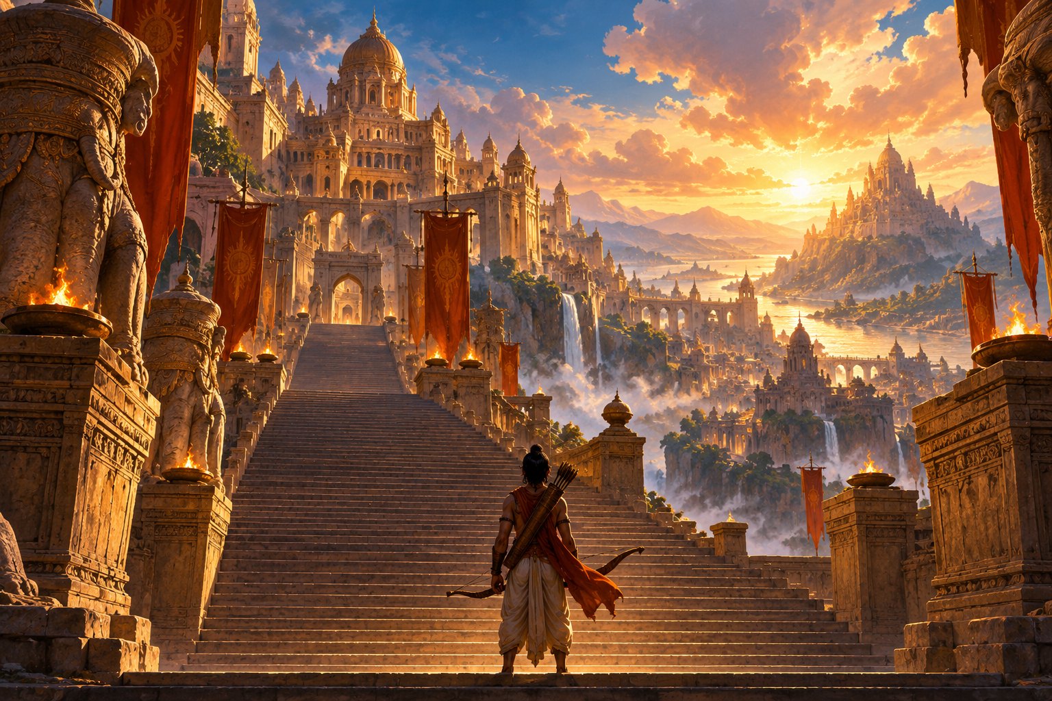 Concept illustration of a lone archer facing monumental palace steps beneath a luminous sky.