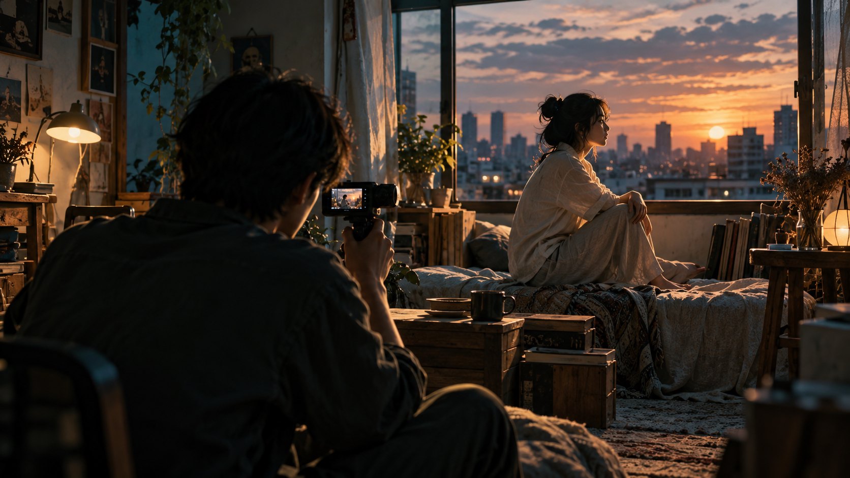 拍攝者在夕陽照入的房間取景，演員坐在窗邊；為電影拍攝情境插圖，非產品實拍