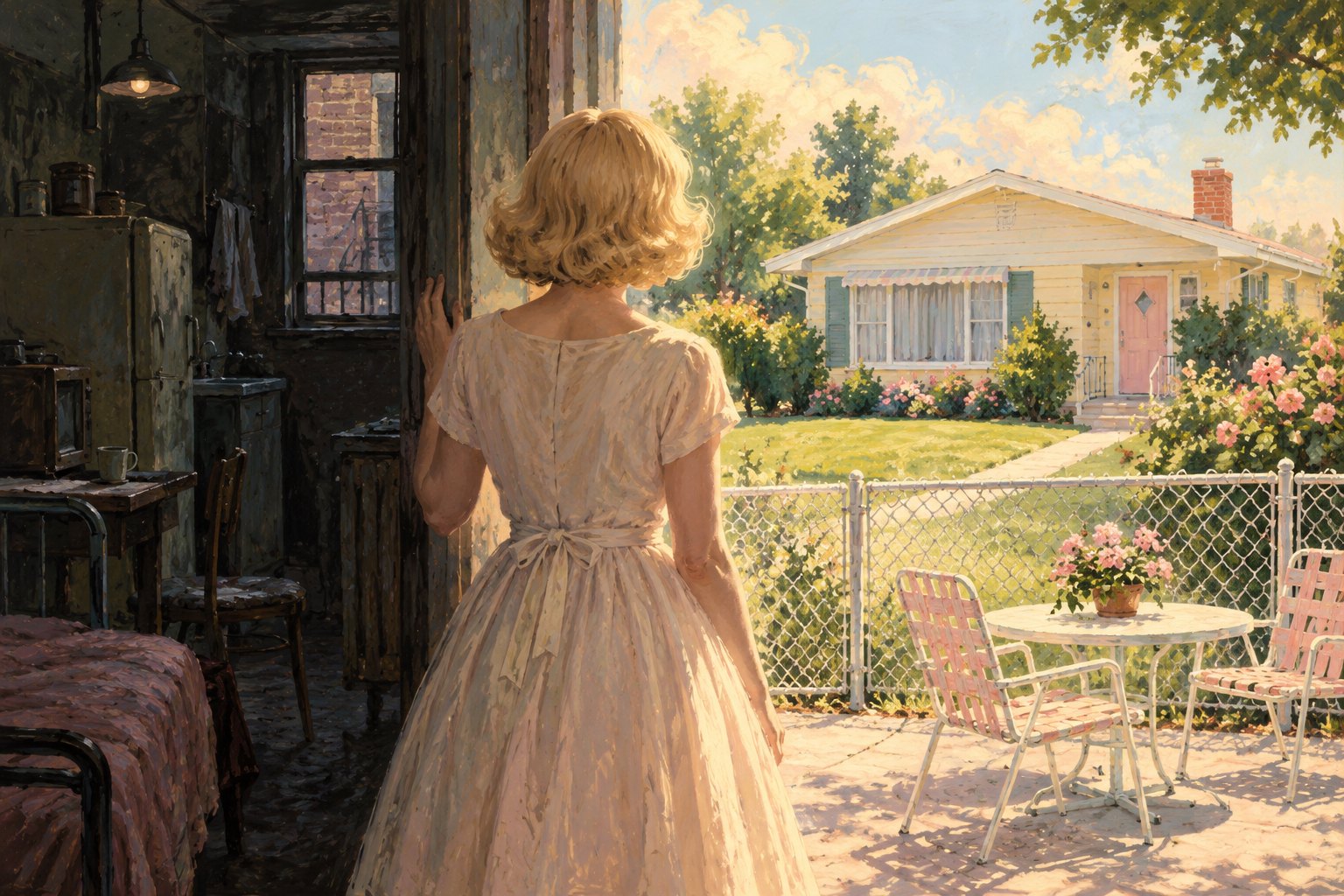 Illustration of a blonde woman looking from a shadowed apartment toward an imagined suburban home and sunny garden.