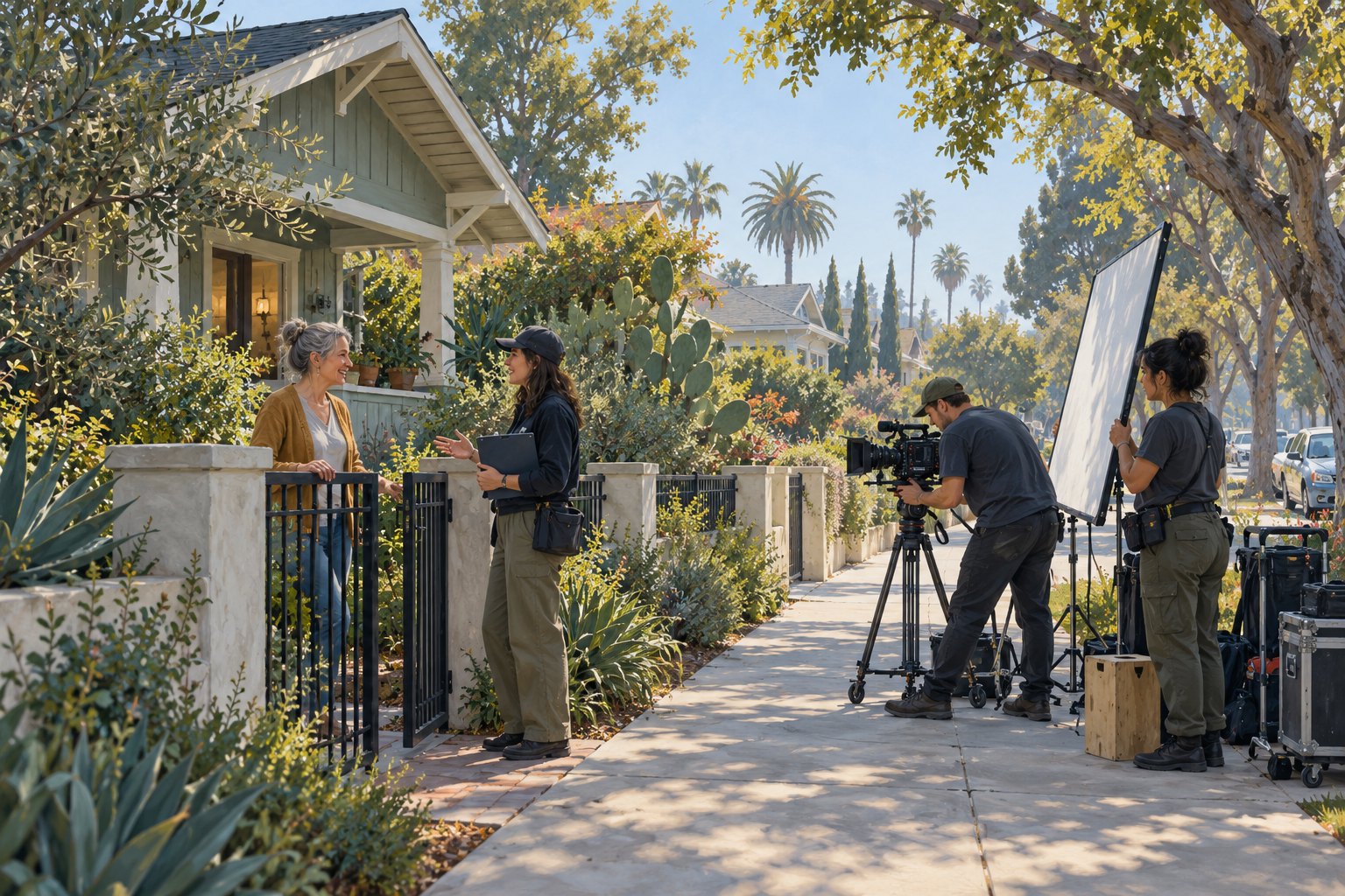 Editorial illustration of a small film crew setting up beside a Los Angeles bungalow while a resident speaks with a location manager.